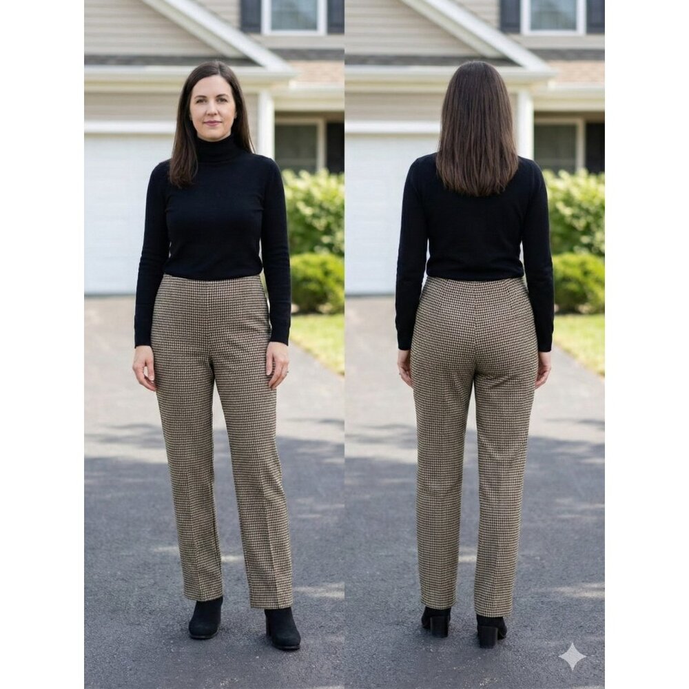 Joan Vass New York Houndstooth Tummy Control Pull On Career Pants Tan Black Med